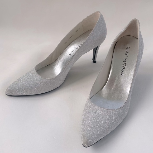 Stuart Weitzman Silver Glitter Metallic Pumps High Heels Size 8.5 Narrow - Picture 1 of 10